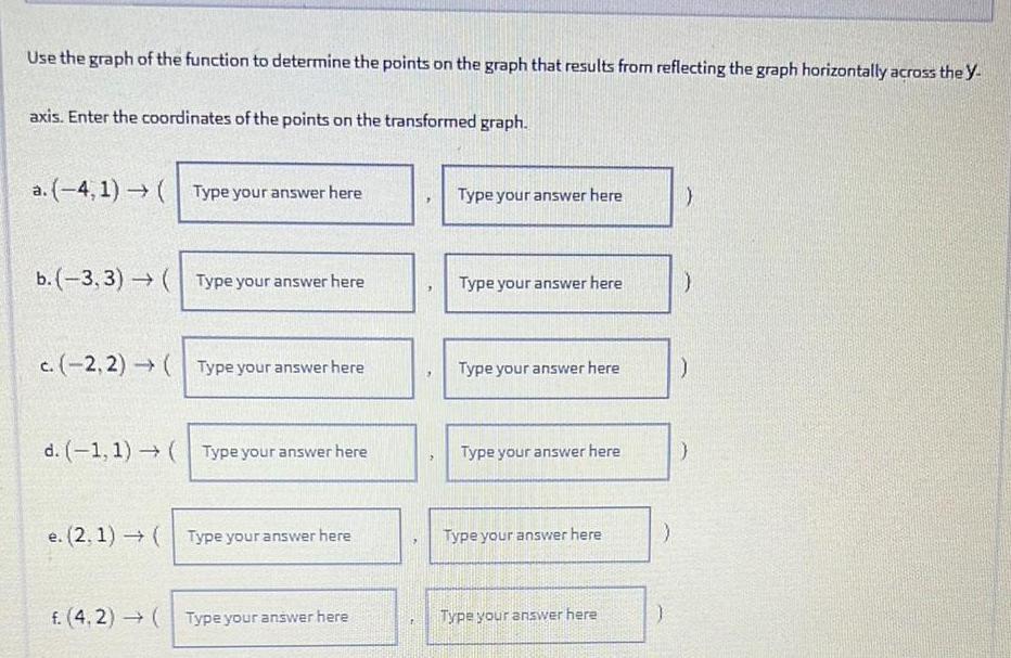 Use the graph of the function to determine the points on the graph that results from reflecting the graph horizontally across the Y axis Enter the coordinates of the points on the transformed graph a 4 1 Type your answer here b 3 3 Type your answer here c 2 2 Type your answer here d 1 1 Type your answer here e 2 1 Type your answer here f 4 2 Type your answer here Type your answer here Type your answer here Type your answer here Type your answer here Type your answer here Type your answer here