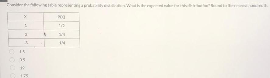 Consider the following table representing a probability distribution What is the expected value for this distribution Round to the nearest hundredth X 1 2 3 1 5 0 5 19 1 75 P X 1 2 1 4 1 4