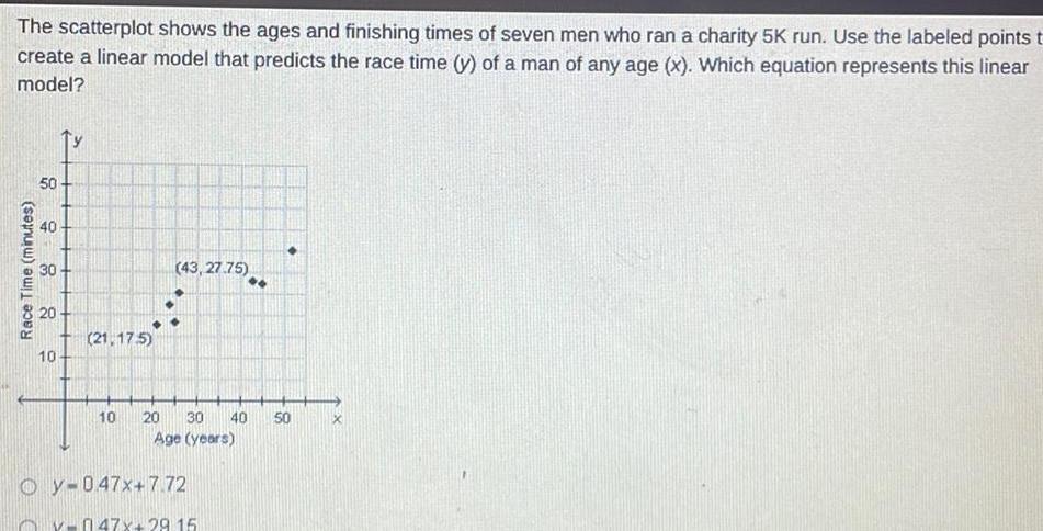 The scatterplot shows the ages and finishing times of seven men who ran a charity 5K run Use the labeled points t create a linear model that predicts the race time y of a man of any age x Which equation represents this linear model Race Time minutes 50 40 30 20 10 21 175 43 27 75 Oy 047x 7 72 10 20 30 40 50 Age years v 047x 29 15 X