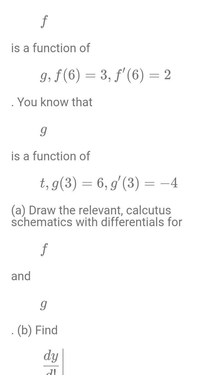 f is a function of g f 6 3 f 6 2 You know that g is a function of t g 3 6 g 3 4 a Draw the relevant calcutus schematics with differentials for f and 9 b Find dy dl