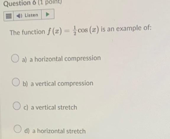 Question 6 1 point Listen The function f x cos x is an