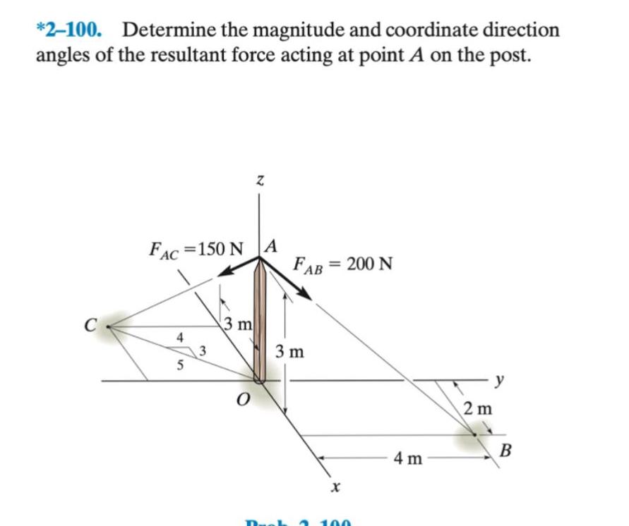 2 100 Determine the magnitude and coordinate direction angles of the resultant force acting at point A on the post C FAC 150 NA 4 5 3 3 m N 0 FAB 3 m 200 N X 100 4 m 2 m B