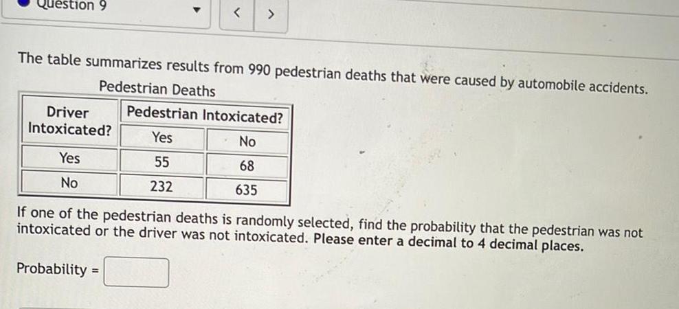 Question 9 The table summarizes results from 990 pedestrian deaths that were caused by automobile accidents Pedestrian Deaths Driver Intoxicated Yes No Probability Pedestrian Intoxicated Yes No 55 68 232 635 If one of the pedestrian deaths is randomly selected find the probability that the pedestrian was not intoxicated or the driver was not intoxicated Please enter a decimal to 4 decimal places