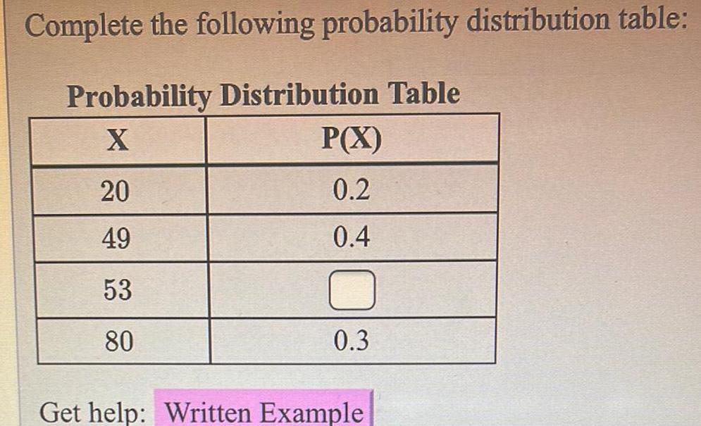 Complete the following probability distribution table Probability Distribution Table X 20 49 53 80 P X 0 2 0 4 0 3 Get help Written Example