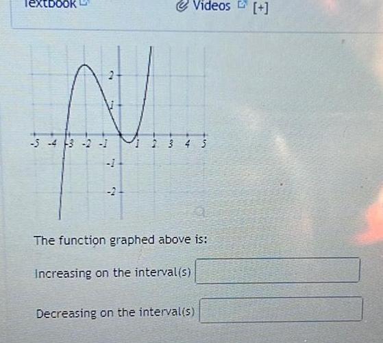 Textbook 2 5 4 3 2 1 1 2 Videos 2 3 4 5 Increasing on the interval s ZOE The function graphed above is Decreasing on the interval s