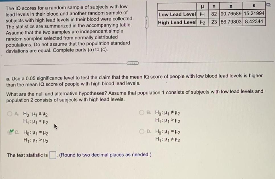 The IQ scores for a random sample of subjects with low lead