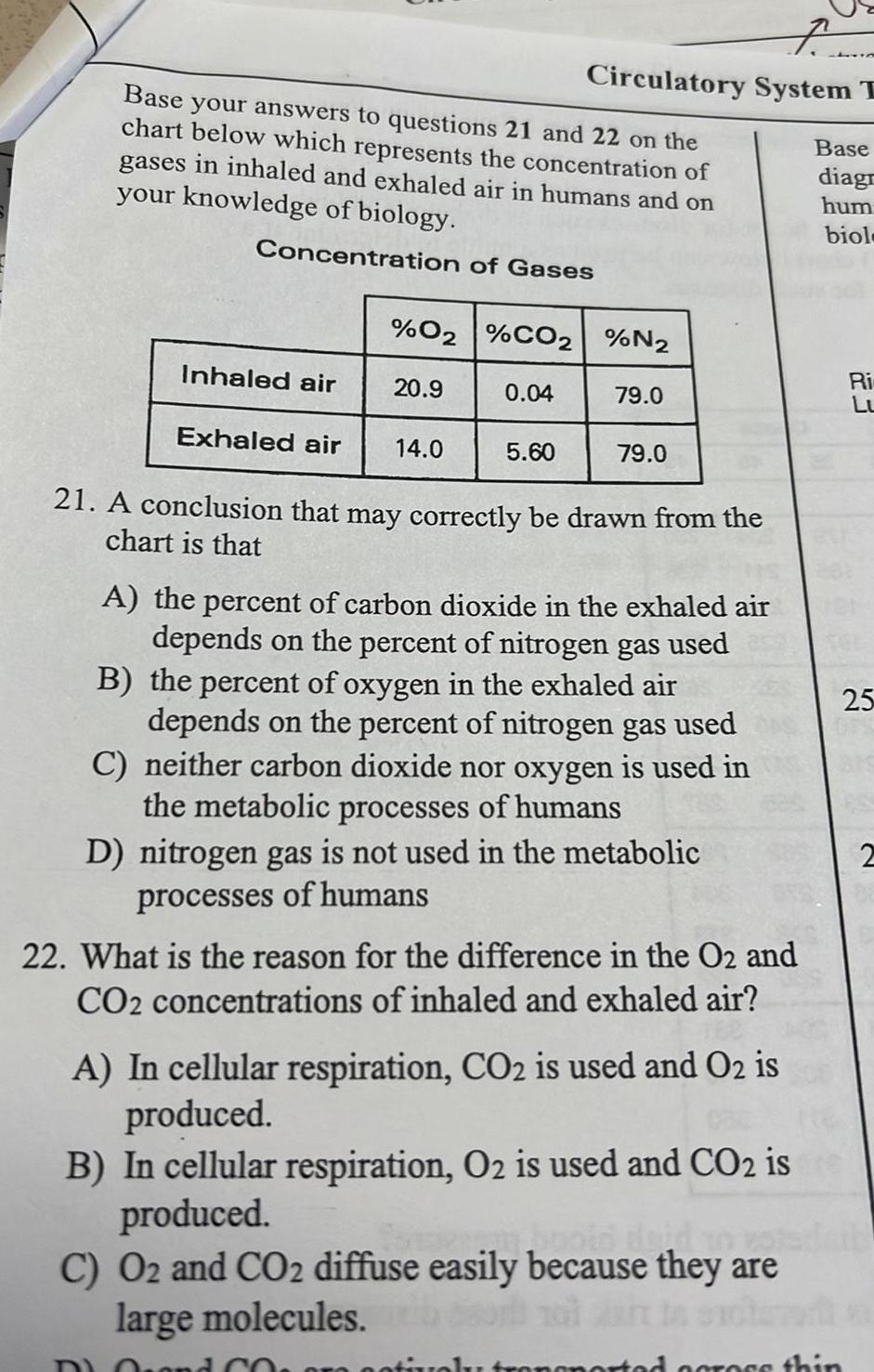 Base your answers to questions 21 and 22 on the chart below which represents the concentration of gases in inhaled and exhaled air in humans and on your knowledge of biology Concentration of Gases Inhaled air Exhaled air 02 CO2 N2 20 9 14 0 D t Circulatory System I 0 04 5 60 79 0 79 0 21 A conclusion that may correctly be drawn from the chart is that A the percent of carbon dioxide in the exhaled air depends on the percent of nitrogen gas used B the percent of oxygen in the exhaled air depends on the percent of nitrogen gas used C neither carbon dioxide nor oxygen is used in the metabolic processes of humans D nitrogen gas is not used in the metabolic processes of humans 22 What is the reason for the difference in the O2 and CO2 concentrations of inhaled and exhaled air A In cellular respiration CO2 is used and O2 is produced B In cellular respiration O2 is used and CO2 is produced pidao C O2 and CO2 diffuse easily because they are large molecules Base diagr hum biol oported across thin Ri LL 25 2