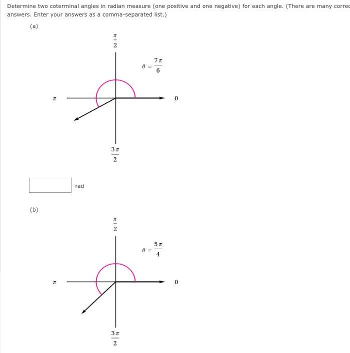 Determine two coterminal angles in radian measure one positive and one negative for each angle There are many corred answers Enter your answers as a comma separated list a b N k rad KIN 2 3 2 712 3x 2 8 7x 6 5x