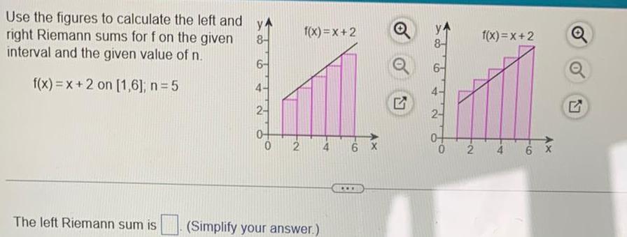 Use the figures to calculate the left and right Riemann sums for f on the given interval and the given value of n f x x 2 on 1 6 n 5 The left Riemann sum is 8 0 2 f x x 2 Q Simplify your answer 4 6 X f x x 2 2 4 6 X