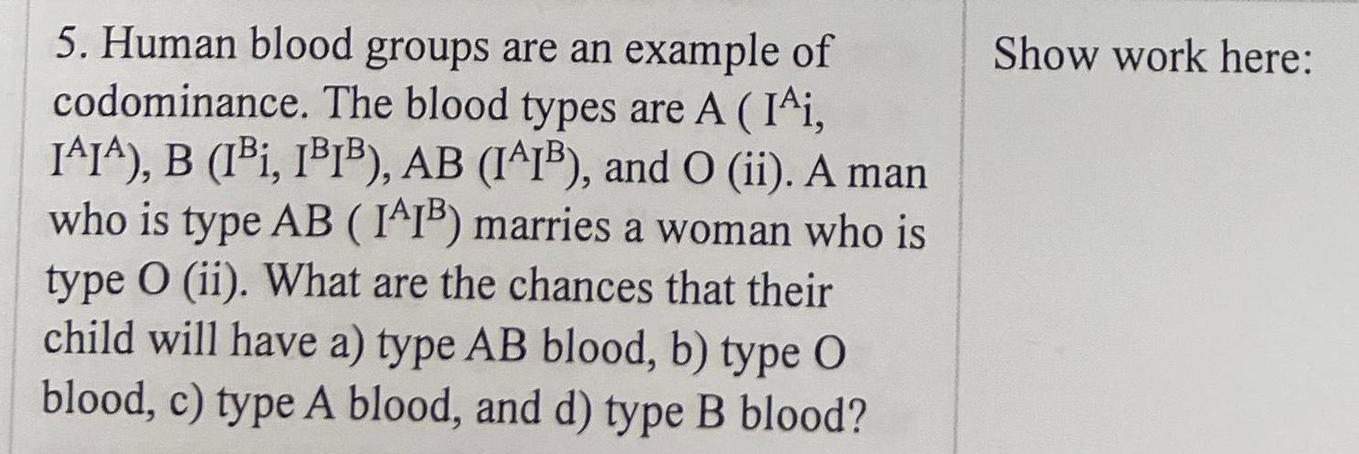 5 Human blood groups are an example of codominance The blood types are A I i IAIA B IBI IBIB AB IAIB and O ii A man who is type AB IAI marries a woman who is type O ii What are the chances that their child will have a type AB blood b type O blood c type A blood and d type B blood Show work here