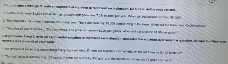 [ANSWERED] For problems 1 through 3 write an exponential equation to ...