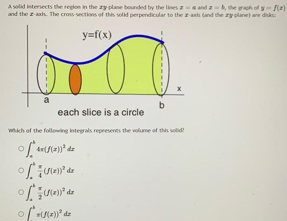 A solid intersects the region in the rzy plane bounded by the lines a and x b the graph of y f z and the x axis The cross sections of this solid perpendicular to the z axis and the zy plane are disks y f x a each slice is a circle b 7 f x d O Which of the following integrals represents the volume of this solid f 4m f 2 dz O a 7 1 2 dz f x dr b X