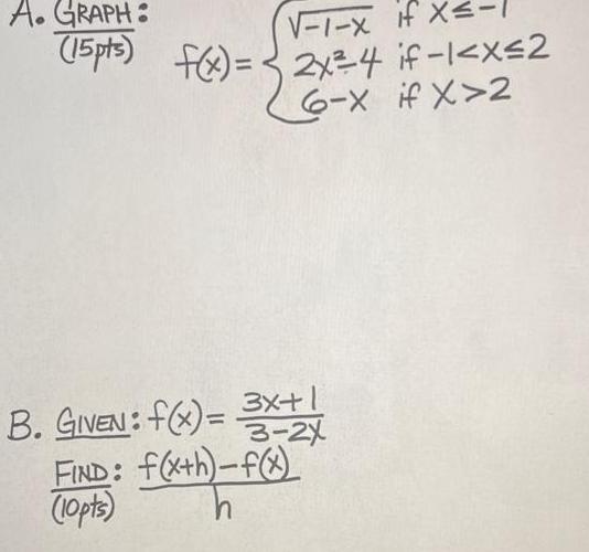 A GRAPH 1 X if X 15 pts f x 2x 4 if 1 x 2 6 X if X 2 B GIVEN f x 3x 1 3 2X f x h f x f x h FIND 10pts h