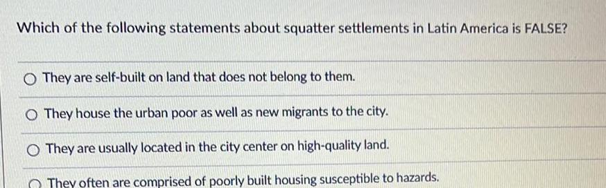 Which of the following statements about squatter settlements