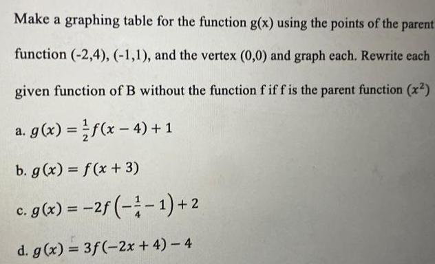 Make a graphing table for the function g x using the points