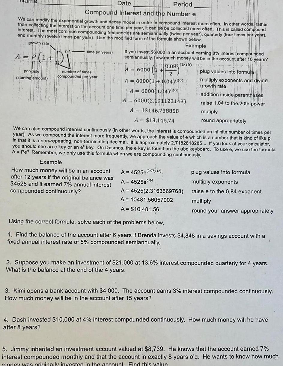 Date Period Compound Interest and the Number e We can modify