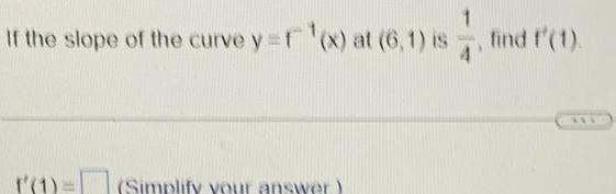 If the slope of the curve y f x at 6 1 is 1 Simplify your answer find f 1 111