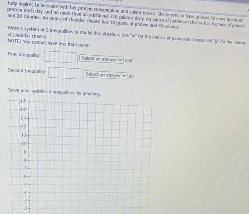Judy desires to increase both her protein consumption and caloric intake She desires to have at least 60 more grams of protein each day and no more than an additional 350 calories daily An ounce of parmesan cheese has 6 grams of protein and 20 calories An ounce of cheddar cheese has 10 grams of protein and 50 calories Write a system of 2 inequalities to model this situation Use z for the ounces of parmesan cheese and y for the ounces of cheddar cheese NOTE You cannot have less than none First Inequality Second Inequality 13 12 11 10 Solve your system of inequalities by graphing 15 14 69 8 7 6 5 32 Select an answer 350 2 Select an answer 60