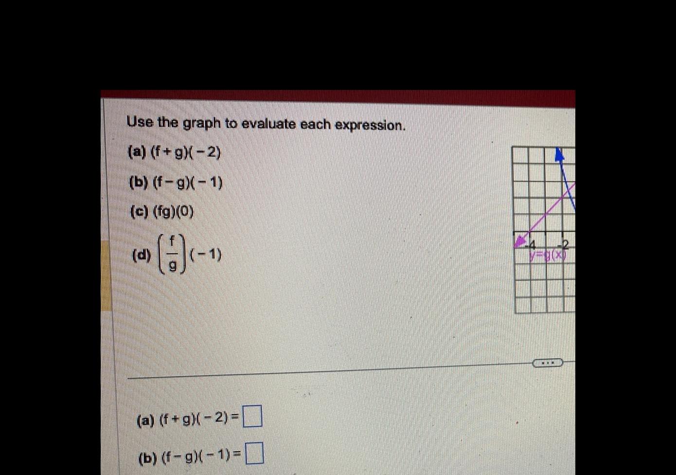 Use the graph to evaluate each expression a f g 2 b f g 1 c