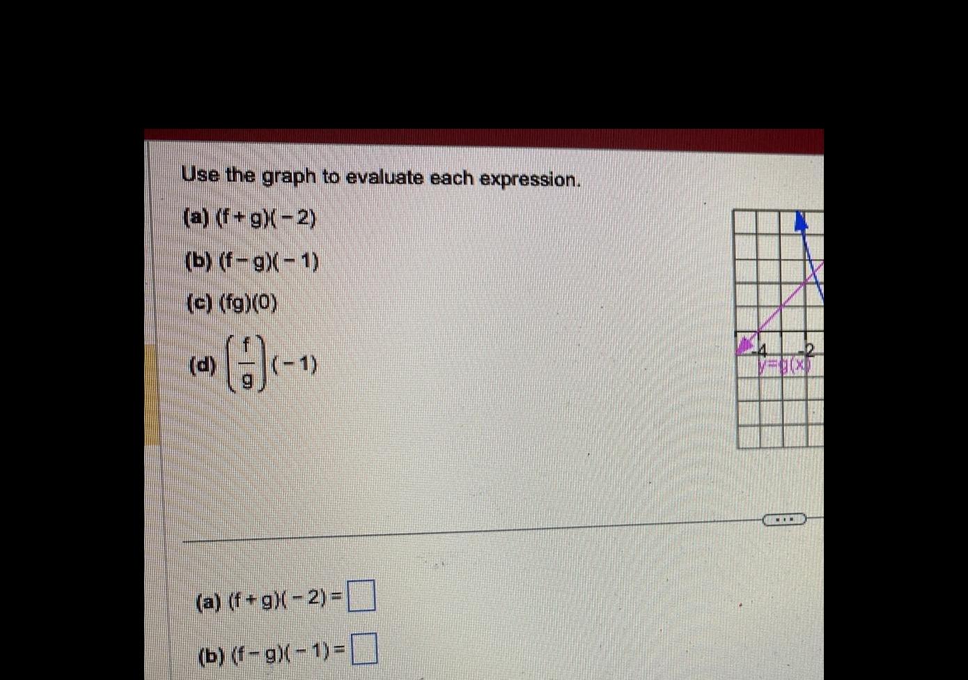 Use the graph to evaluate each expression a f g 2 b f g 1 c