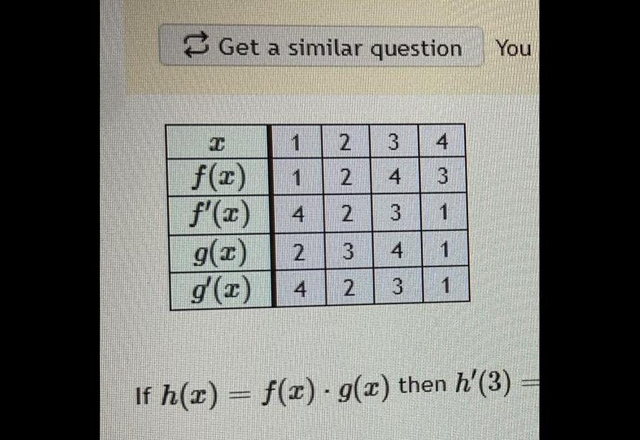 Get a similar question You H 1 22 4 f x 1 f x 4 2 3 4 3 1 4 1 g x 2 3 g x 4 2 3 1 If h x f x g x then h 3