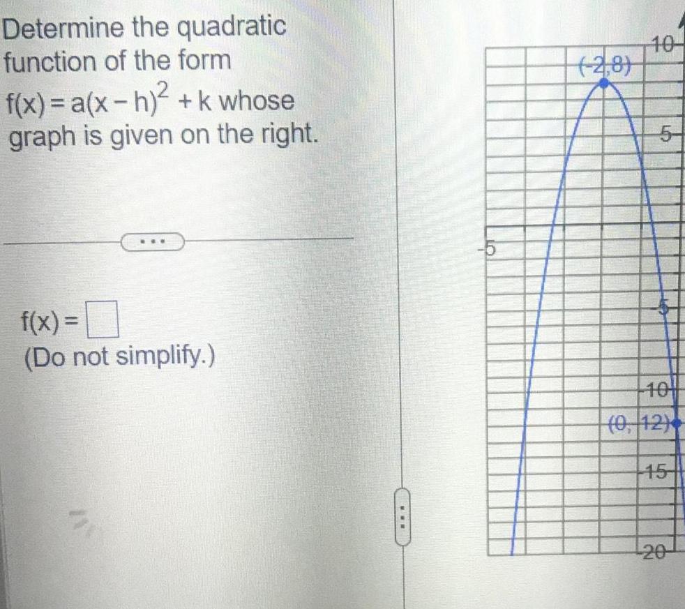 Determine the quadratic function of the form f x a x h k