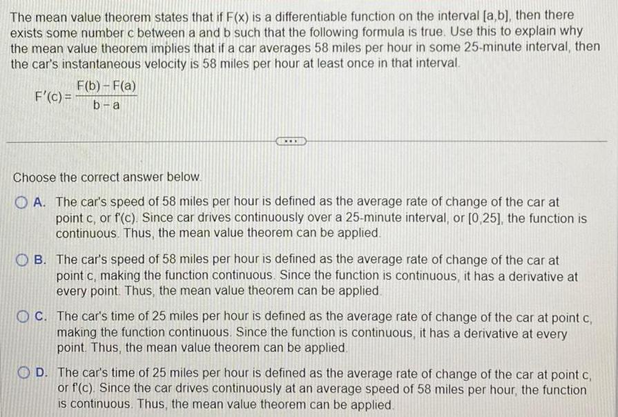 The mean value theorem states that if F x is a