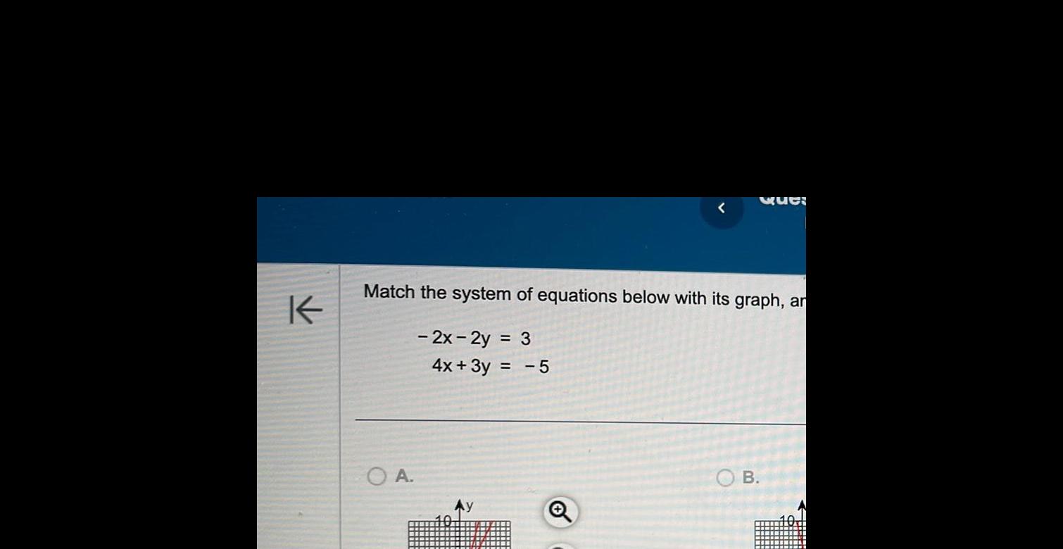 K Match the system of equations below with its graph an 2x 2y 3 OA 4x 3y 5 Que OB