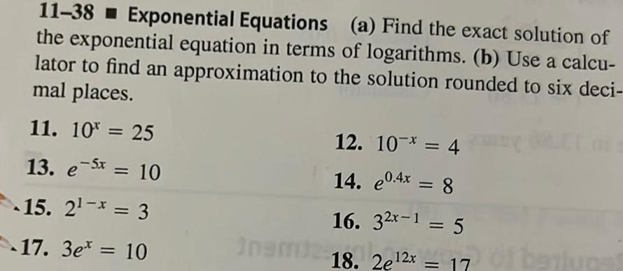 11 38 Exponential Equations a Find the exact solution of the