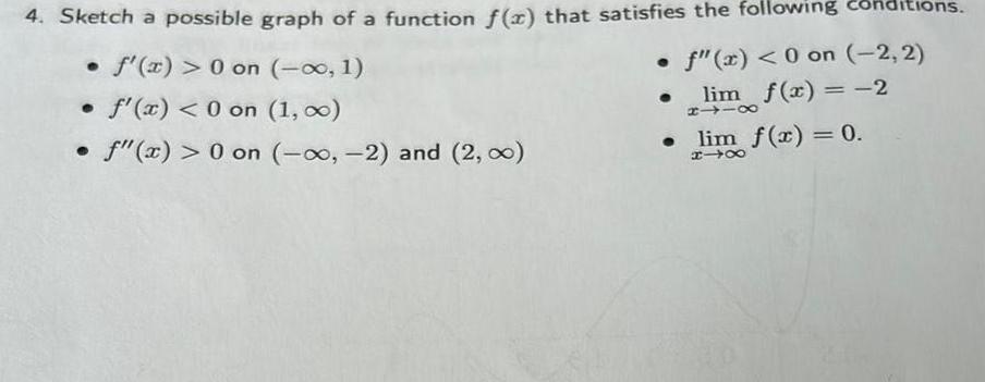 4 Sketch a possible graph of a function f x that satisfies the following conditions f x 0 on 1 f x 0 on 2 2 f x 0 on 1 lim f x 2 8118 f x 0 on 2 and 2 lim f x 0 818