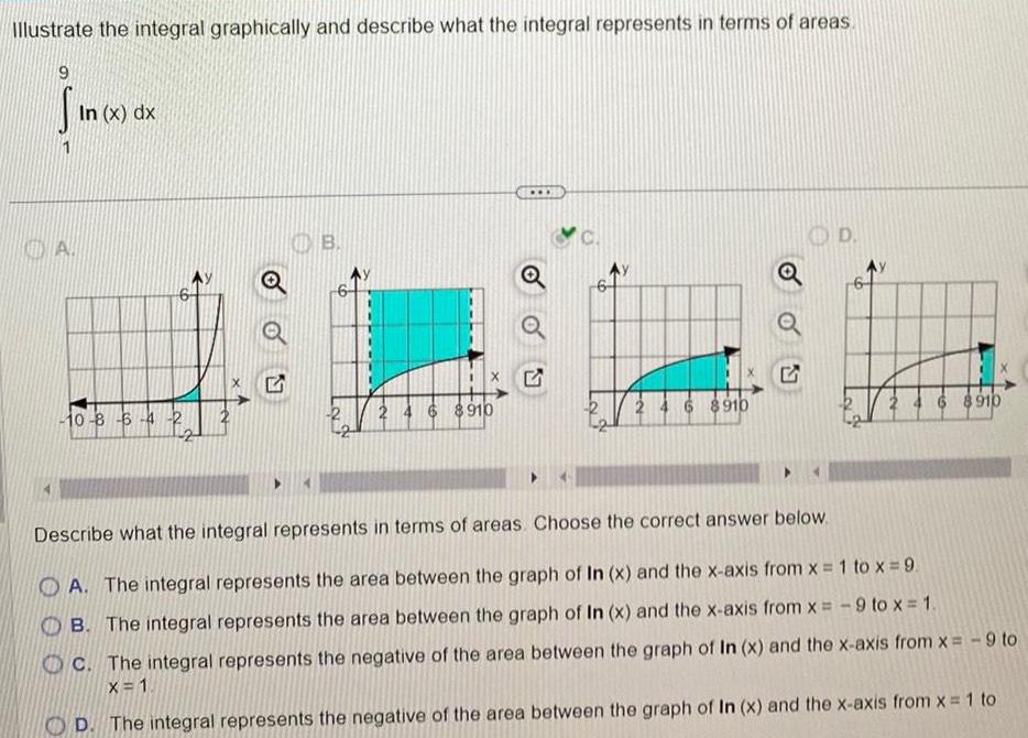 Illustrate the integral graphically and describe what the integral represents in terms of areas 9 A In x dx 10 8 6 4 2 S OB 2 2 4 6 8910 Q 2 4 6 8910 OD 6 8910 Describe what the integral represents in terms of areas Choose the correct answer below A The integral represents the area between the graph of In x and the x axis from x 1 to x 9 B The integral represents the area between the graph of In x and the x axis from x 9 to x 1 OC The integral represents the negative of the area between the graph of In x and the x axis from x 9 to X 1 D The integral represents the negative of the area between the graph of In x and the x axis from x 1 to