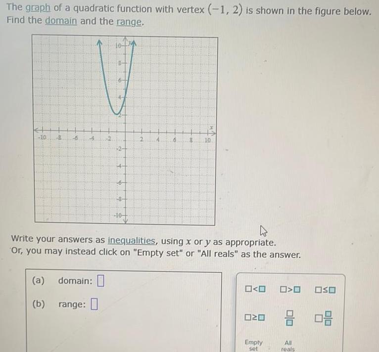 The graph of a quadratic function with vertex 1 2 is shown