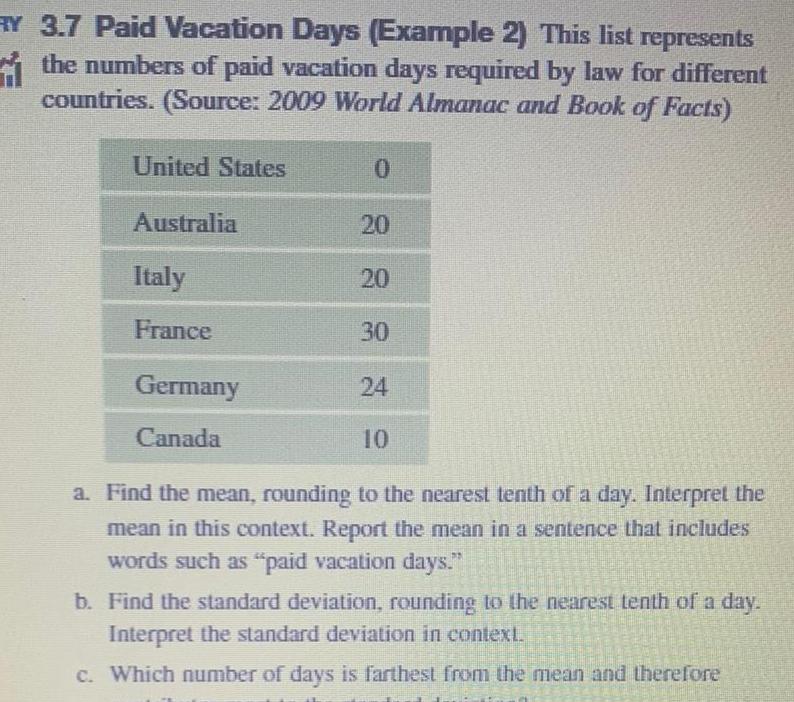 Y 3 7 Paid Vacation Days Example 2 This list represents the numbers of paid vacation days required by law for different countries Source 2009 World Almanac and Book of Facts United States Australia Italy France Germany Canada 0 20 20 30 24 10 a Find the mean rounding to the nearest tenth of a day Interpret the mean in this context Report the mean in a sentence that includes words such as paid vacation days b Find the standard deviation rounding to the nearest tenth of a day Interpret the standard deviation in context c Which number of days is farthest from the mean and therefore