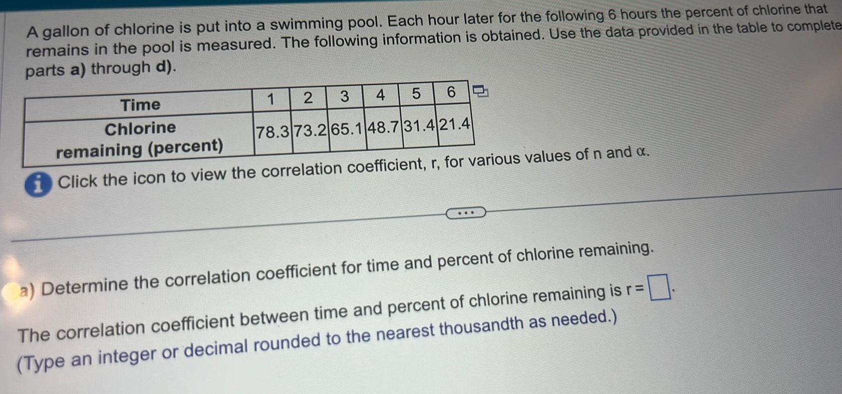 A gallon of chlorine is put into a swimming pool Each hour later for the following 6 hours the percent of chlorine that remains in the pool is measured The following information is obtained Use the data provided in the table to complete parts a through d Time Chlorine 3 4 1 2 5 6 78 3 73 2 65 148 7 31 4 21 4 remaining percent i Click the icon to view the correlation coefficient r for various values of n and a a Determine the correlation coefficient for time and percent of chlorine remaining 0 The correlation coefficient between time and percent of chlorine remaining is r Type an integer or decimal rounded to the nearest thousandth as needed