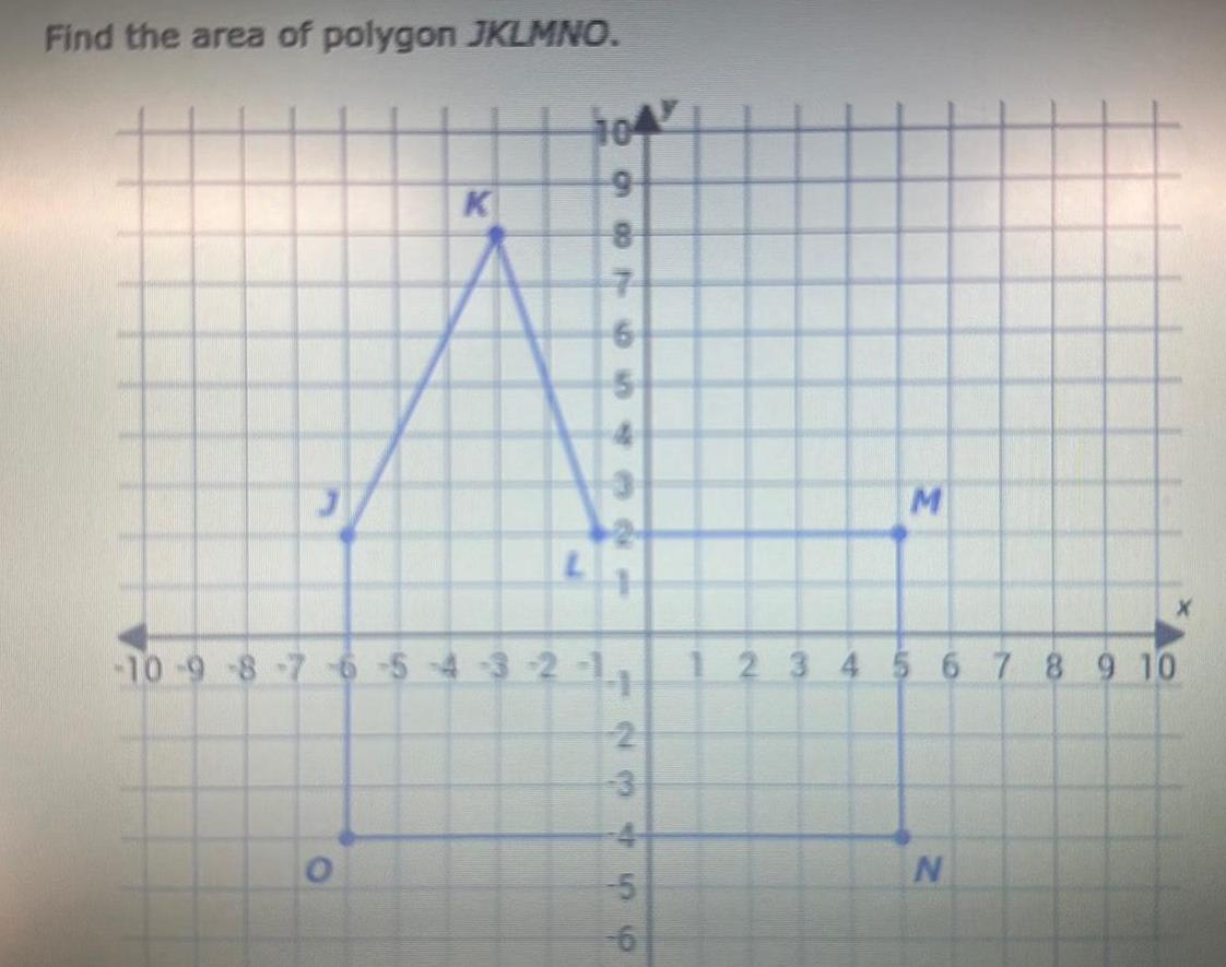 Find the area of polygon JKLMNO K 104 886 9 7 bl 2 10 9 8 7 6 5 4 3 2 11 123 2 456 M 1 2 3 4 5 6 7 8 9 10 N