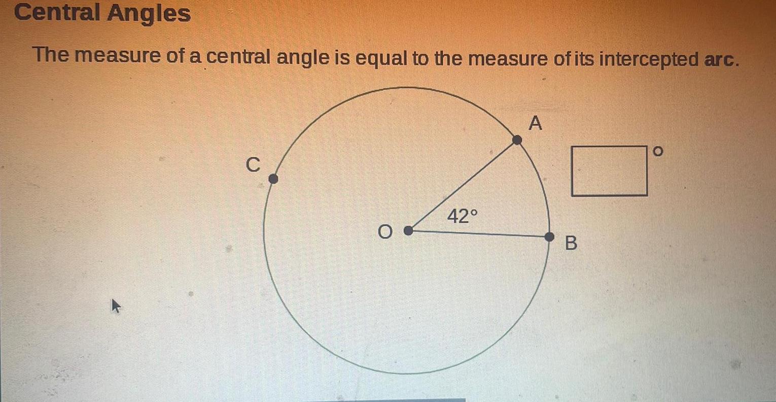 Central Angles The measure of a central angle is equal to the measure of its intercepted arc C 42 A B