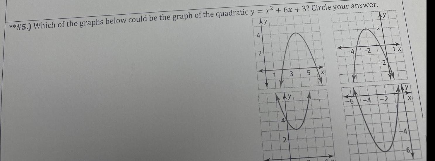 5 Which of the graphs below could be the graph of the quadratic y x 6x 3 Circle your answer Ay 4 2 Ay 4 3 2 5 XY 4 IA 6 3 2 Ay 4 2 2 2 1 x X YA Ex 4 6