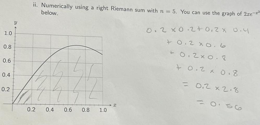 1 0 0 8 0 6 0 4 0 2 Y ii Numerically using a right Riemann sum with n 5 You can use the graph of 2xe below 0 2 0 4 0 6 0 8 1 0 x 0 2X0 2 0 2x 0 4 0 2 x 0 6 0 2x0 8 0 2 x 0 8 0 2 x 2 8 0 56