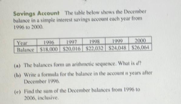 Savings Account The table below shows the December balance in a simple interest savings account each year from 1996 to 2000 Year 1996 1997 1998 2000 1999 Balance 18 000 20 016 22 032 24 048 26 064 a The balances form an arithmetic sequence What is d b Write a formula for the balance in the account years after December 1996 e Find the sum of the December balances from 1996 to 2006 inclusive