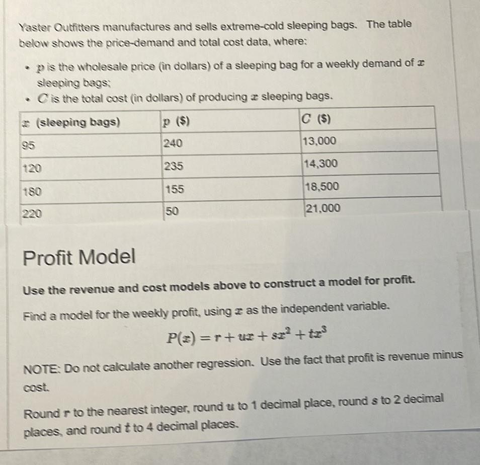 Yaster Outfitters manufactures and sells extreme cold sleeping bags The table below shows the price demand and total cost data where p is the wholesale price in dollars of a sleeping bag for a weekly demand of a sleeping bags C is the total cost in dollars of producing a sleeping bags sleeping bags C 13 000 14 300 18 500 21 000 120 220 240 235 155 50 Profit Model Use the revenue and cost models above to construct a model for profit Find a model for the weekly profit using z as the independent variable P z r uz sz tz NOTE Do not calculate another regression Use the fact that profit is revenue minus Round r to the nearest integer round us to 1 decimal place rounds to 2 decimal places and round t to 4 decimal places