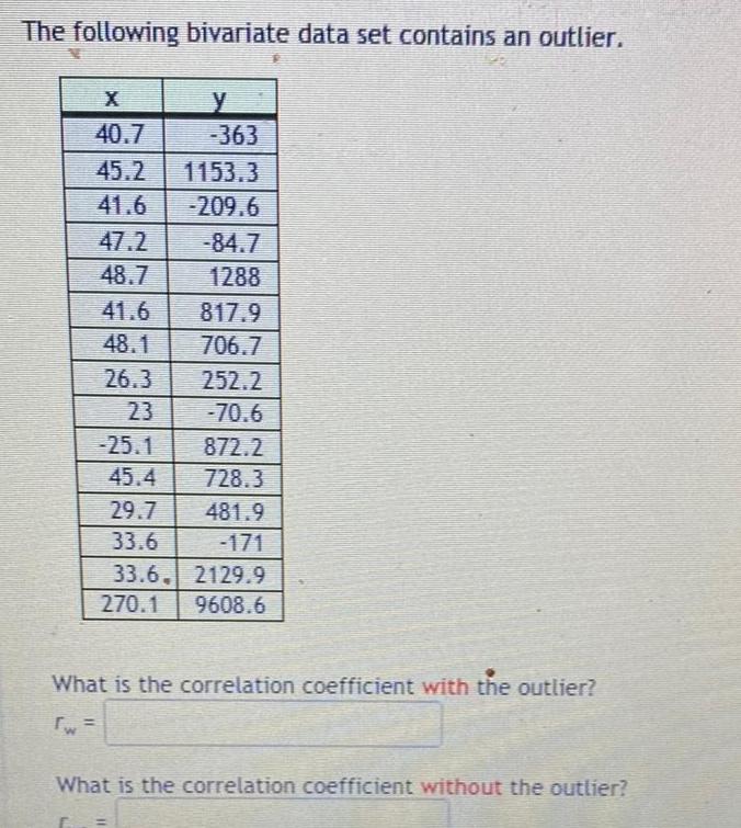 The following bivariate data set contains an outlier X 40 7 45 2 1153 3 41 6 209 6 47 2 48 7 41 6 48 1 26 3 25 1 45 4 29 7 33 6 33 6 270 1 y 363 84 7 1288 817 9 706 7 252 2 70 6 872 2 728 3 481 9 2129 9 9608 6 What is the correlation coefficient with the outlier w What is the correlation coefficient without the outlier