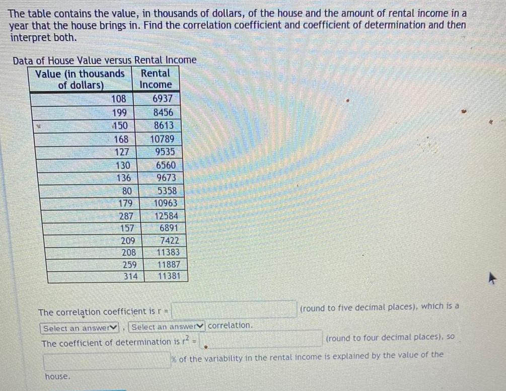 The table contains the value in thousands of dollars of the house and the amount of rental income in a year that the house brings in Find the correlation coefficient and coefficient of determination and then interpret both Data of House Value versus Rental Income Value in thousands Rental of dollars Income 108 199 150 house 168 127 130 136 80 179 287 157 209 208 259 314 6937 8456 8613 10789 9535 6560 9673 5358 10963 12584 6891 7422 11383 11887 11381 MA The correlation coefficient is r Select an answerv Select an answer correlation The coefficient of determination is r round to five decimal places which is a round to four decimal places so of the variability in the rental income is explained by the value of the