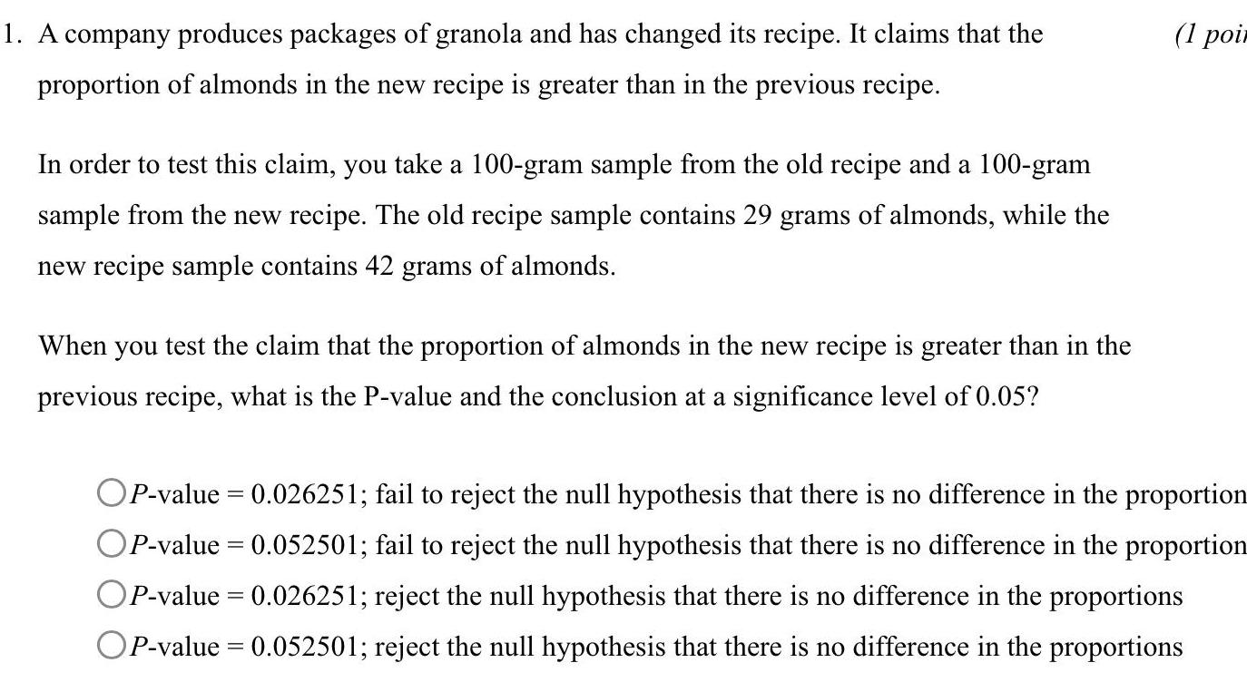 1 A company produces packages of granola and has changed its recipe It claims that the proportion of almonds in the new recipe is greater than in the previous recipe In order to test this claim you take a 100 gram sample from the old recipe and a 100 gram sample from the new recipe The old recipe sample contains 29 grams of almonds while the new recipe sample contains 42 grams of almonds When you test the claim that the proportion of almonds in the new recipe is greater than in the previous recipe what is the P value and the conclusion at a significance level of 0 05 1 poir OP value 0 026251 fail to reject the null hypothesis that there is no difference in the proportion OP value 0 052501 fail to reject the null hypothesis that there is no difference in the proportion OP value 0 026251 reject the null hypothesis that there is no difference in the proportions OP value 0 052501 reject the null hypothesis that there is no difference in the proportions