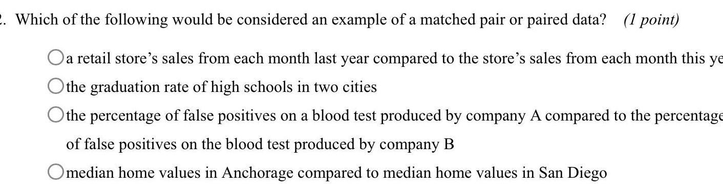 2 Which of the following would be considered an example of a matched pair or paired data 1 point Oa retail store s sales from each month last year compared to the store s sales from each month this ye the graduation rate of high schools in two cities O the percentage of false positives on a blood test produced by company A compared to the percentage of false positives on the blood test produced by company B Omedian home values in Anchorage compared to median home values in San Diego