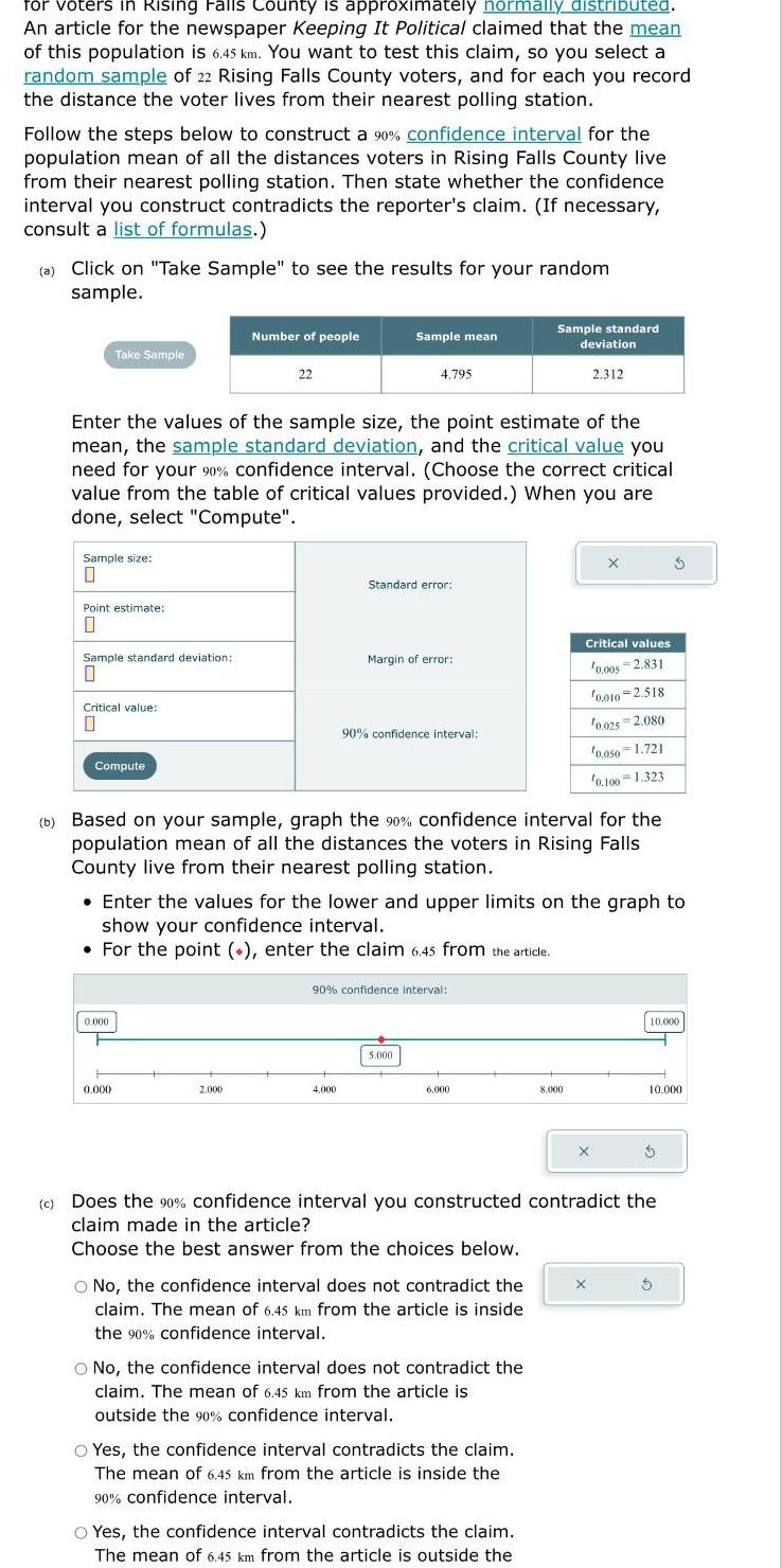 for voters in Rising Falls County is approximately normally distributed An article for the newspaper Keeping It Political claimed that the mean of this population is 6 45 km You want to test this claim so you select a random sample of 22 Rising Falls County voters and for each you record the distance the voter lives from their nearest polling station Follow the steps below to construct a 90 confidence interval for the population mean of all the distances voters in Rising Falls County live from their nearest polling station Then state whether the confidence interval you construct contradicts the reporter s claim If necessary consult a list of formulas a Click on Take Sample to see the results for your random sample Take Sample Sample size 0 Point estimate 0 Sample standard deviation 0 Critical value 0 Enter the values of the sample size the point estimate of the mean the sample standard deviation and the critical value you need for your 90 confidence interval Choose the correct critical value from the table of critical values provided When you are done select Compute Compute 0 000 Number of people 0 000 22 2 000 Sample mean 4 795 Standard error 4 000 Margin of error 90 confidence interval b Based on your sample graph the 90 confidence interval for the population mean of all the distances the voters in Rising Falls County live from their nearest polling station Enter the values for the lower and upper limits on the graph to show your confidence interval For the point enter the claim 6 45 from the article 90 confidence interval 5 000 6 000 Sample standard deviation 2 312 O No the confidence interval does not contradict the claim The mean of 6 45 km from the article is inside the 90 confidence interval O No the confidence interval does not contradict the claim The mean of 6 45 km from the article is outside the 90 confidence interval O Yes the confidence interval contradicts the claim The mean of 6 45 km from the article is inside the 90 confidence interval Critical values 0 005 2 831 O Yes the confidence interval contradicts the claim The mean of 6 45 km from the article is outside the 0 010 2 518 10 025 2 080 10 050 1 721 0 100 1 323 8 000 c Does the 90 confidence interval you constructed contradict the claim made in the article Choose the best answer from the choices below 10 000 10 000