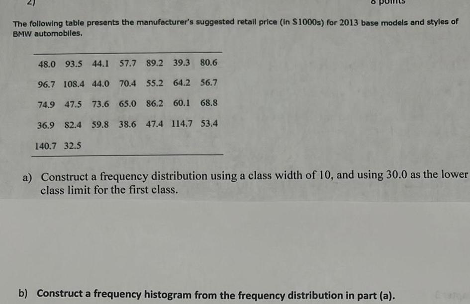 The following table presents the manufacturer s suggested retail price in 1000s for 2013 base models and styles of BMW automobiles 48 0 93 5 44 1 57 7 89 2 39 3 80 6 96 7 108 4 44 0 70 4 55 2 64 2 56 7 74 9 47 5 73 6 65 0 86 2 60 1 68 8 36 9 82 4 59 8 38 6 47 4 114 7 53 4 140 7 32 5 a Construct a frequency distribution using a class width of 10 and using 30 0 as the lower class limit for the first class b Construct a frequency histogram from the frequency distribution in part a