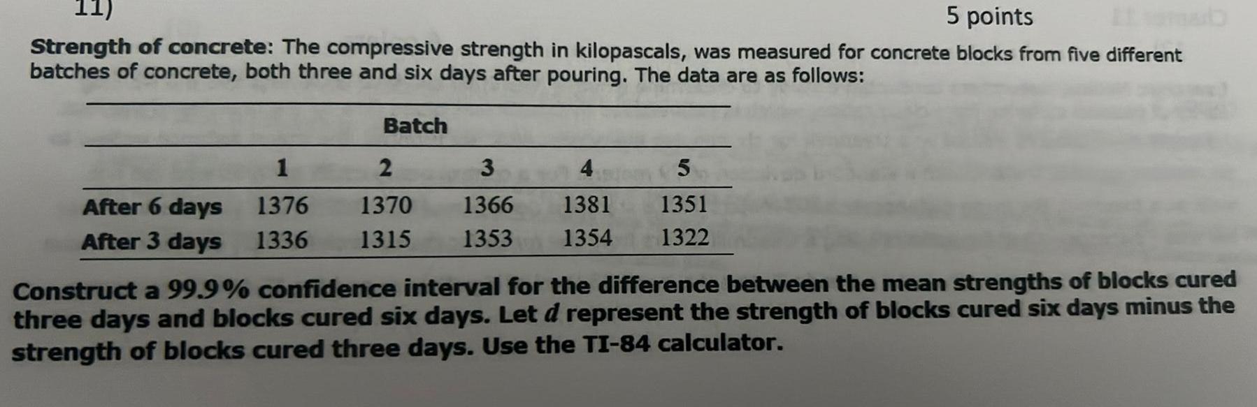 11 5 points Strength of concrete The compressive strength in kilopascals was measured for concrete blocks from five different batches of concrete both three and six days after pouring The data are as follows After 6 days After 3 days 1 1376 1336 Batch 2 1370 1315 3 4 1366 1381 1353 1354 5 1351 1322 Construct a 99 9 confidence interval for the difference between the mean strengths of blocks cured three days and blocks cured six days Let d represent the strength of blocks cured six days minus the strength of blocks cured three days Use the TI 84 calculator