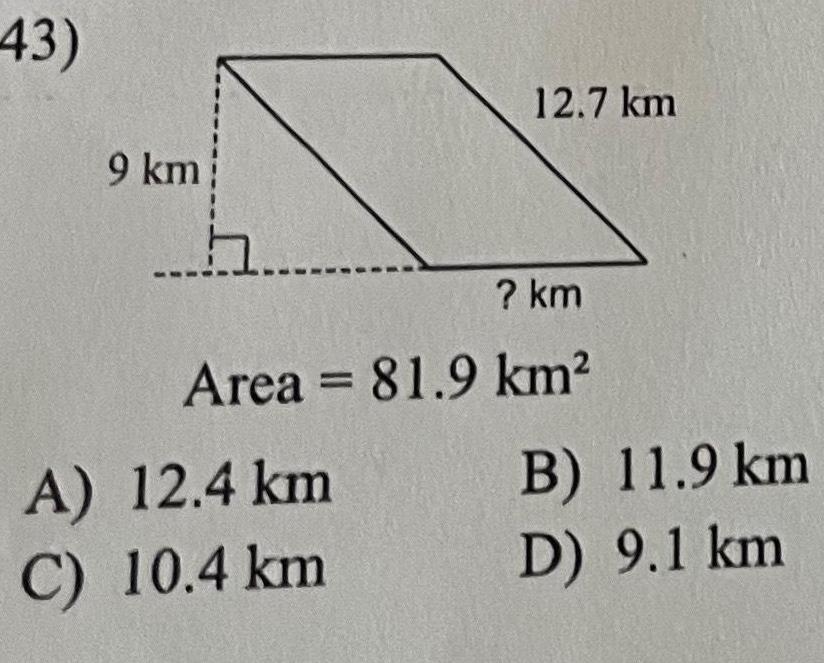 43 9 km h 12 7 km km Area 81 9 km A 12 4 km C 10 4 km B 11 9 km D 9 1 km