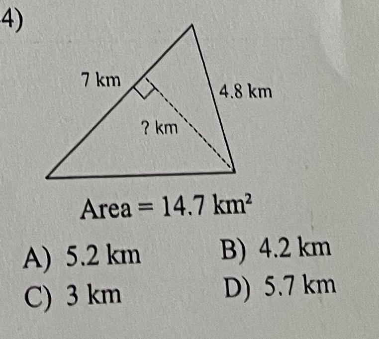 4 7 km km A 5 2 km C 3 km 4 8 km Area 14 7 km B 4 2 km D 5 7 km