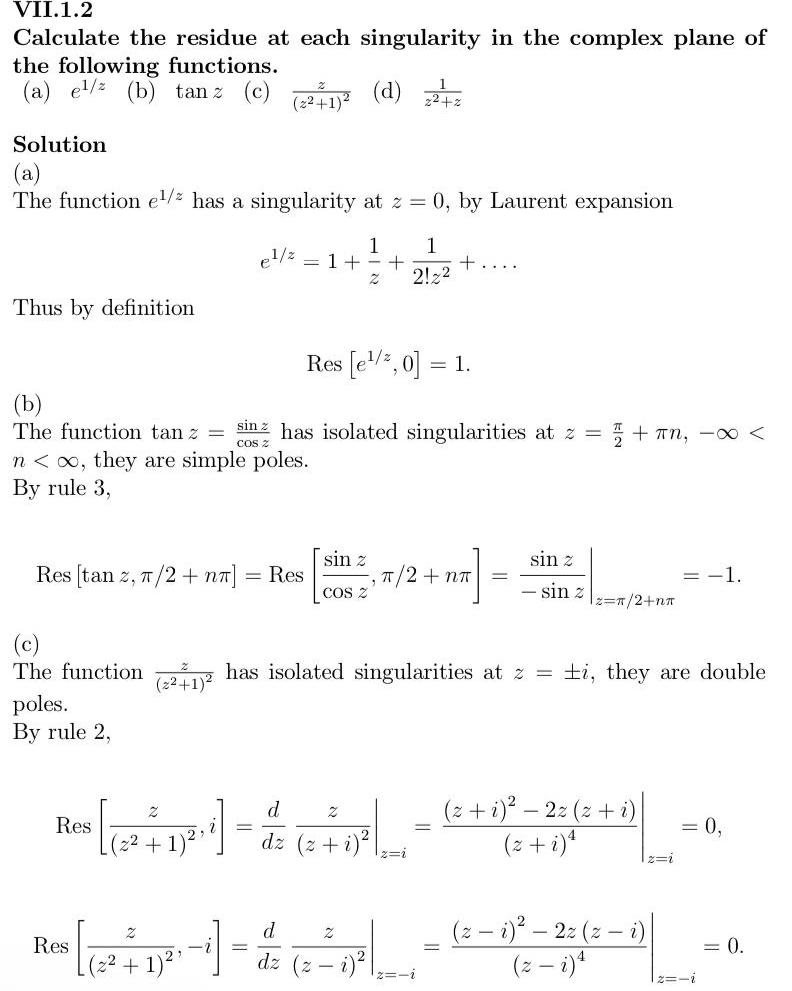 VII 1 2 Calculate the residue at each singularity in the